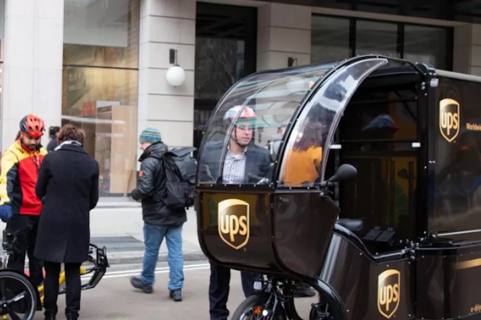 UPS delivery cargo bike with covered front seat in New York City